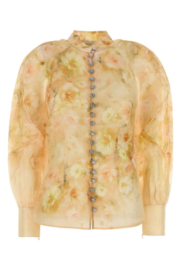 Printed Linen Blend Crush Shirt Yellowfloral Camicie