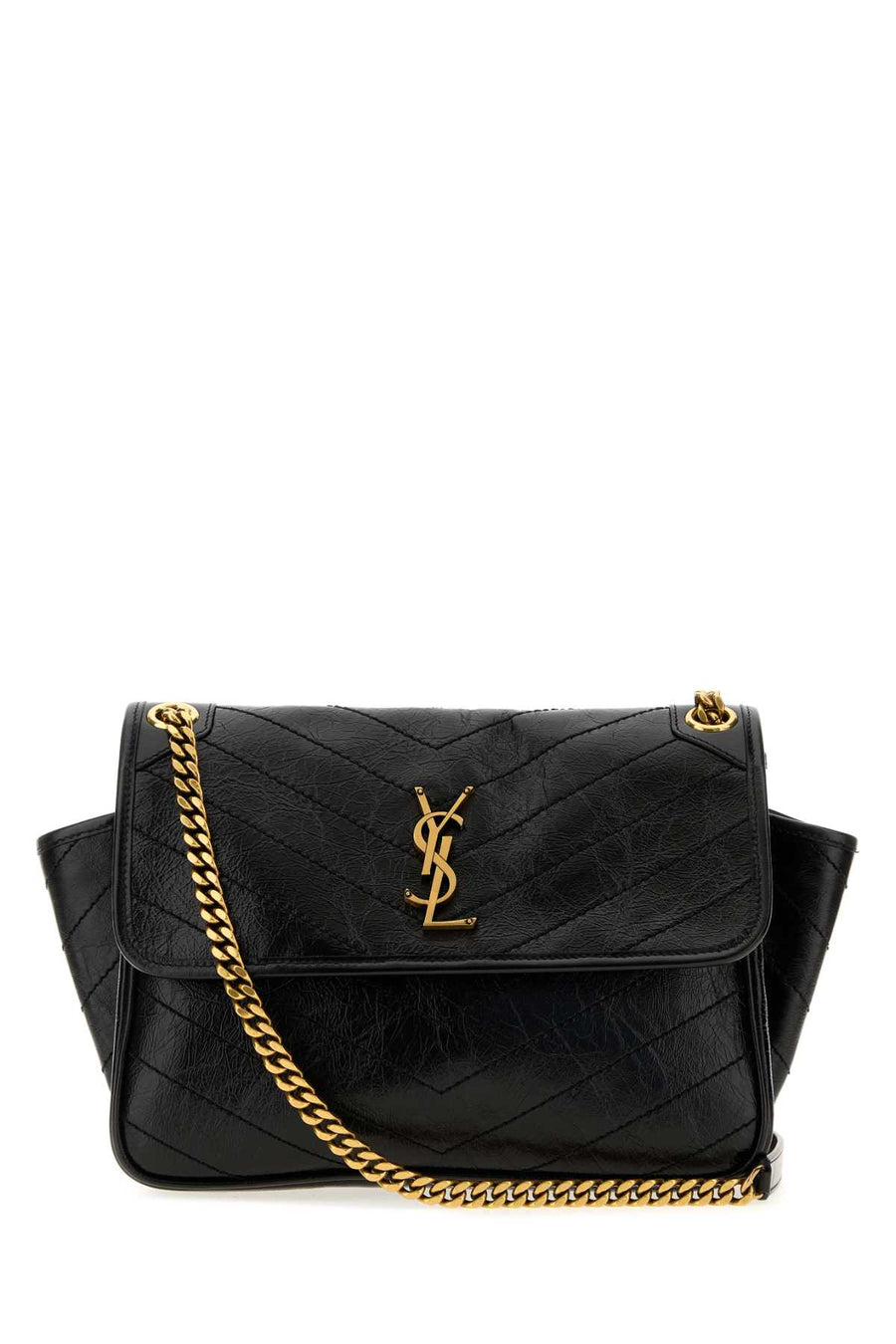 Saint Laurent Niki Exterior: 100% Calf; Lining: 100% Fabric; Finishing: Antiqued golden metal shoulder bag in black