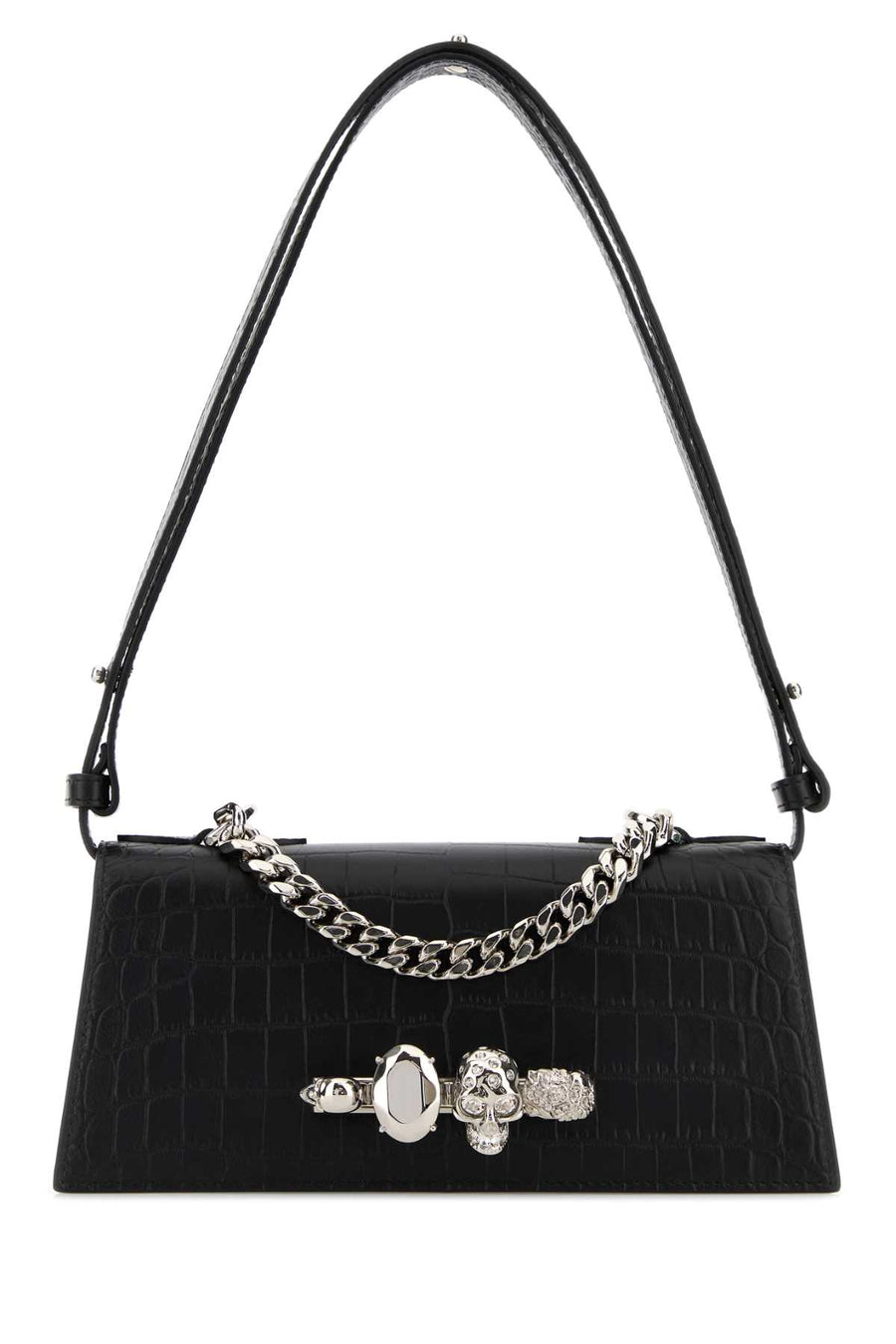 Alexander McQueen Exterior: 100% Calf; Lining: 100% Fabric; Finishing: Silver metal shoulder bag in black