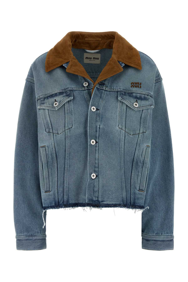 Miu Miu Exterior: 100% Cotton; Collar: Suede jacket in blue