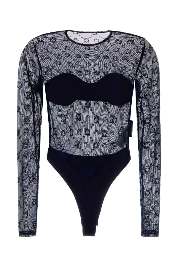 Marine Serre Mesh 86% Recycled nylon bodysuit in navy