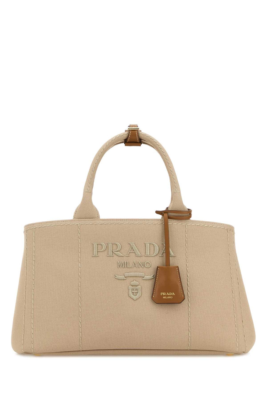 Prada Exterior: 100% Fabric; Lining: 100% Fabric; Finishing: Golden metal top handle bag in beige