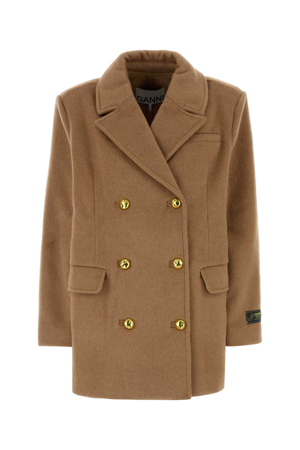 Ganni 74% Wool 17% Polyester 7% Lyocell 1% Acrylic 1% Nylon coat in beige
