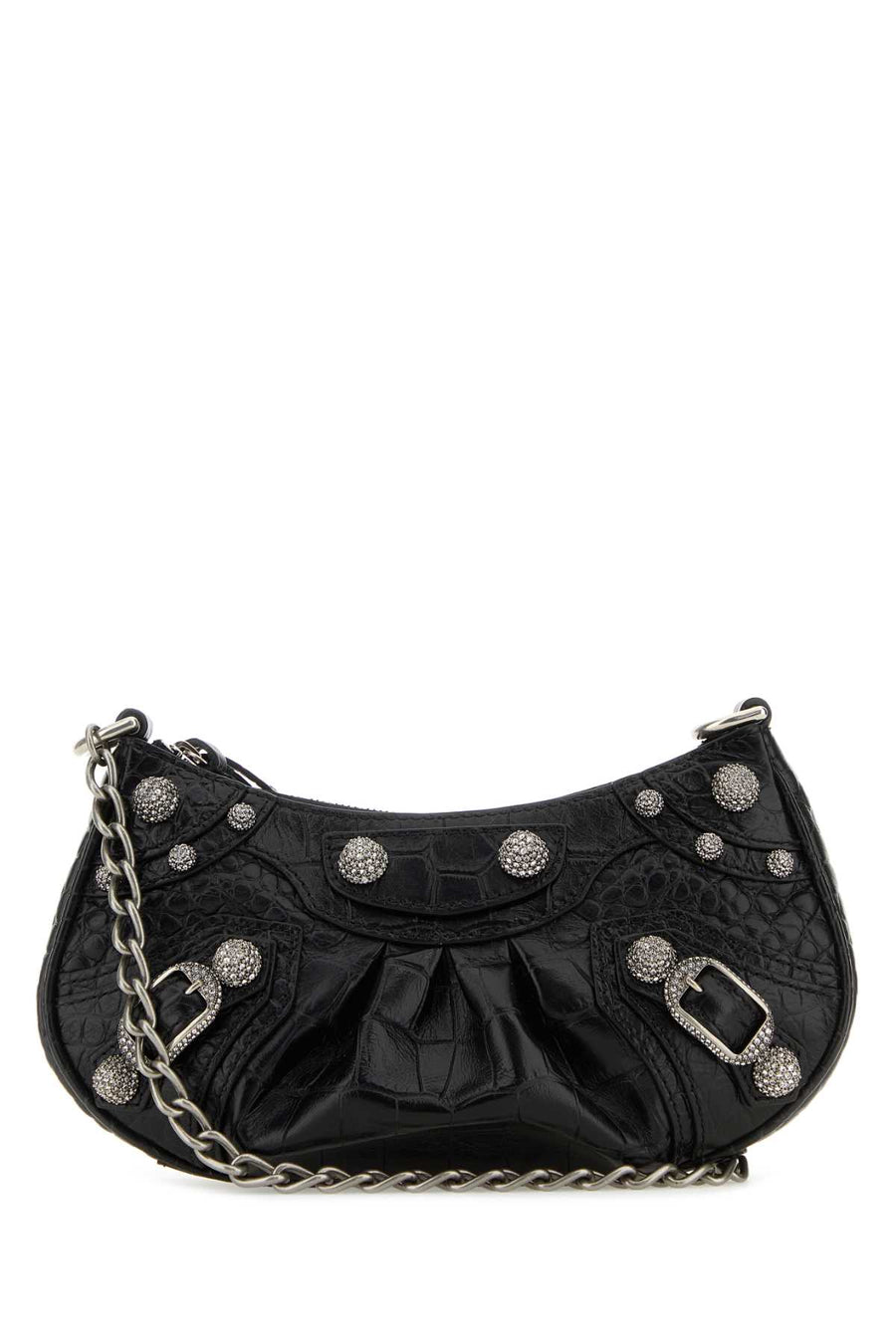 Balenciaga Exterior: 100% Calf Lining: 100% Cotton Finishing: Antiqued silver metal clutch in black