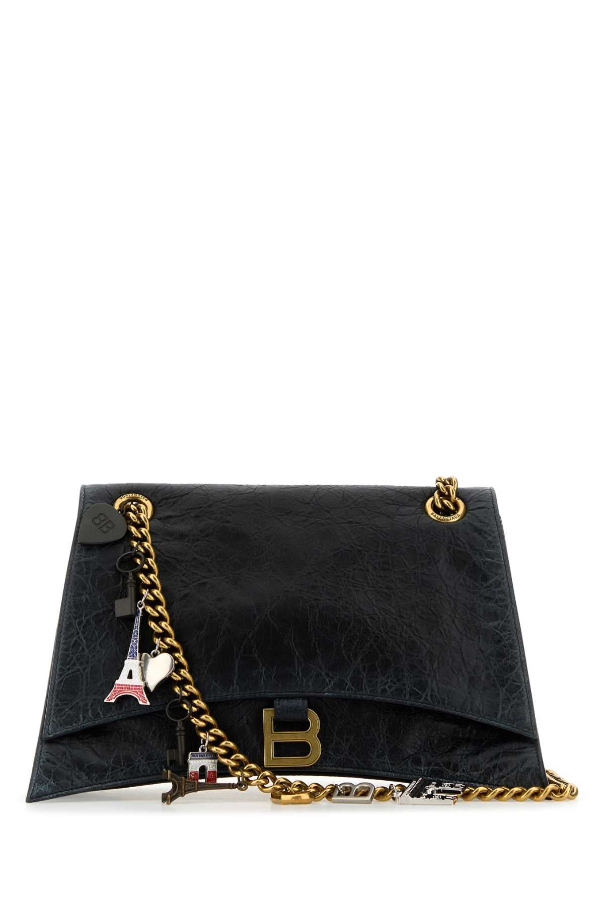 Black Leather Medium Crush Chain Shoulder Bag Borse A Tracolla