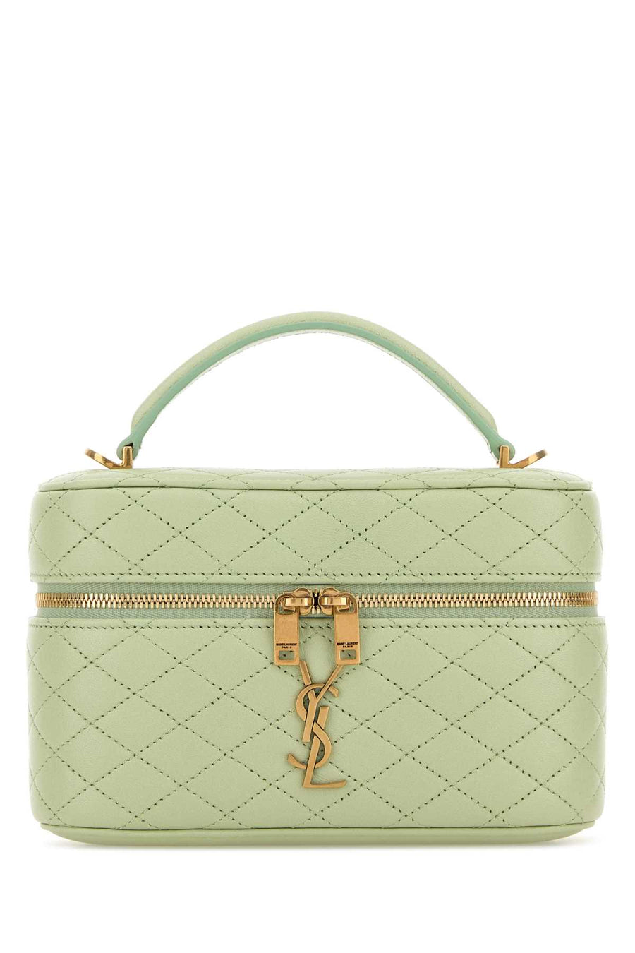 Saint Laurent Gaby Exterior: 100% Lamb Lining: 100% Leather Finishing: Antiqued golden brass top handle bag in green