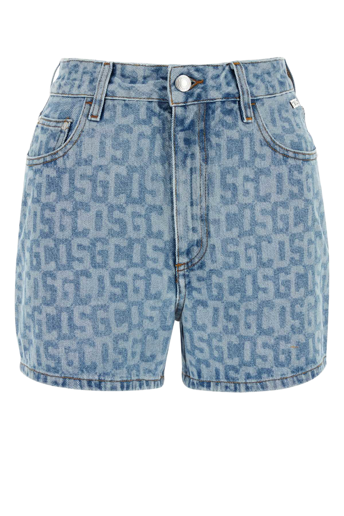 Printed Denim Shorts Lightblue Exterior: Cotton