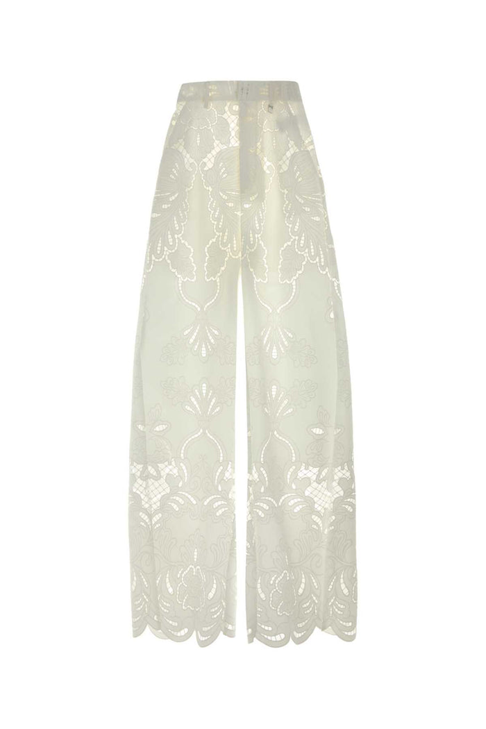 White Broderie Anglaise Wide-Leg Pant Offwhite Exterior: Polyester Pantaloni