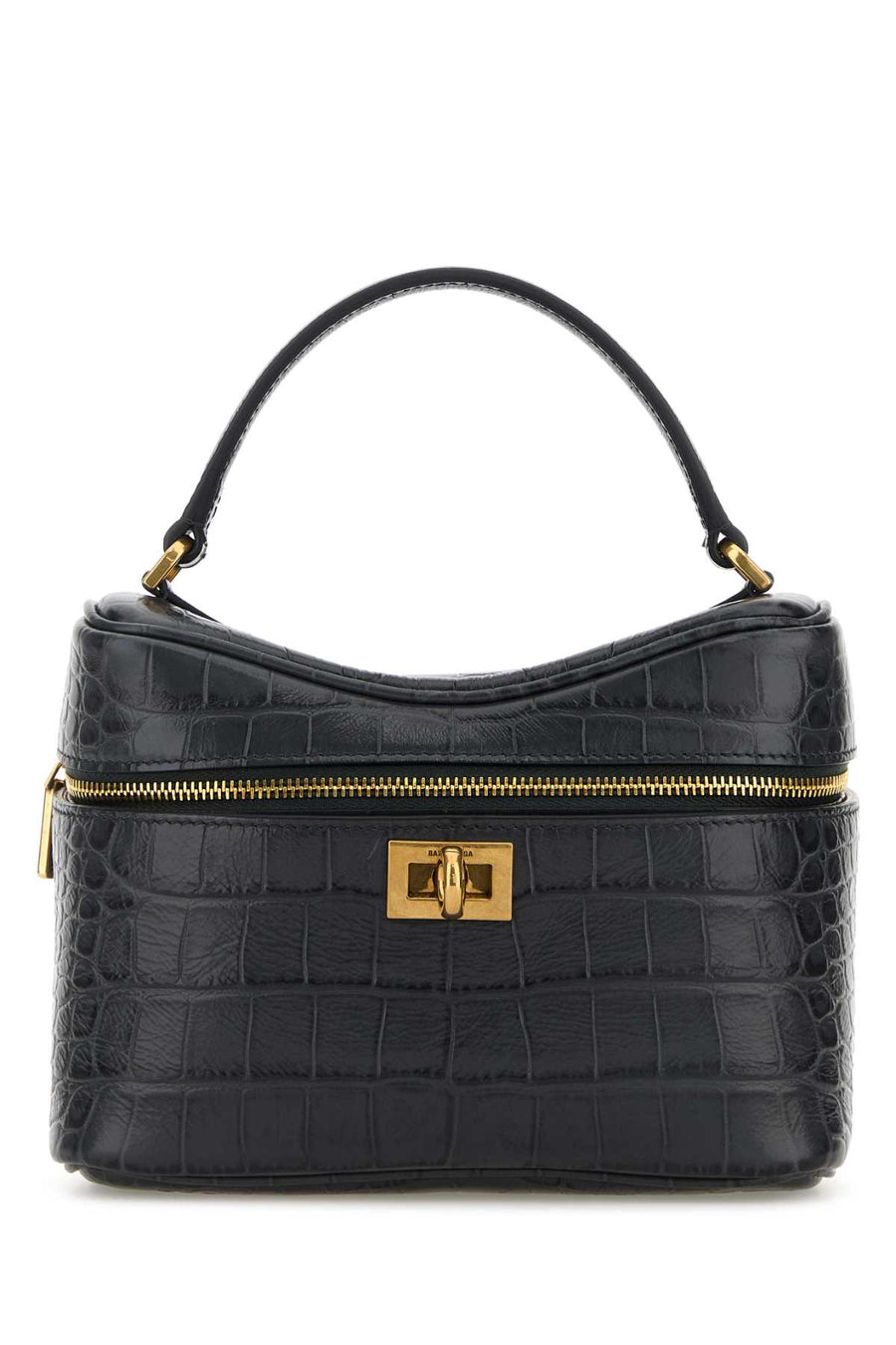 Balenciaga Vanity Exterior: 100% Calf Leather (crocodile-embossed); Interior: 100% Fabric; Hardware: Antiqued golden metal shoulder bag in black