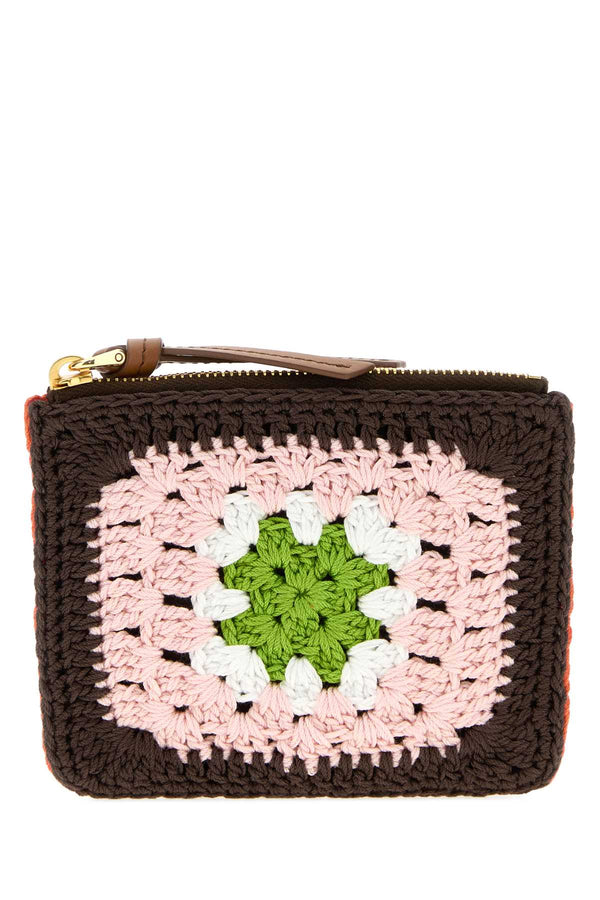Miu Miu 100% Crocheted Fabric; Finishing: Silver metal trim card case in brown