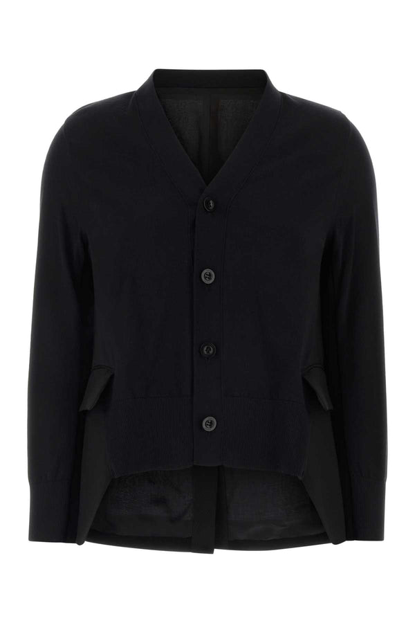 Sacai Suiting Exterior 1: 99% Cotton 1% Nylon; Exterior 2: 100% Wool; Lining: 100% Cupro cardigan in black