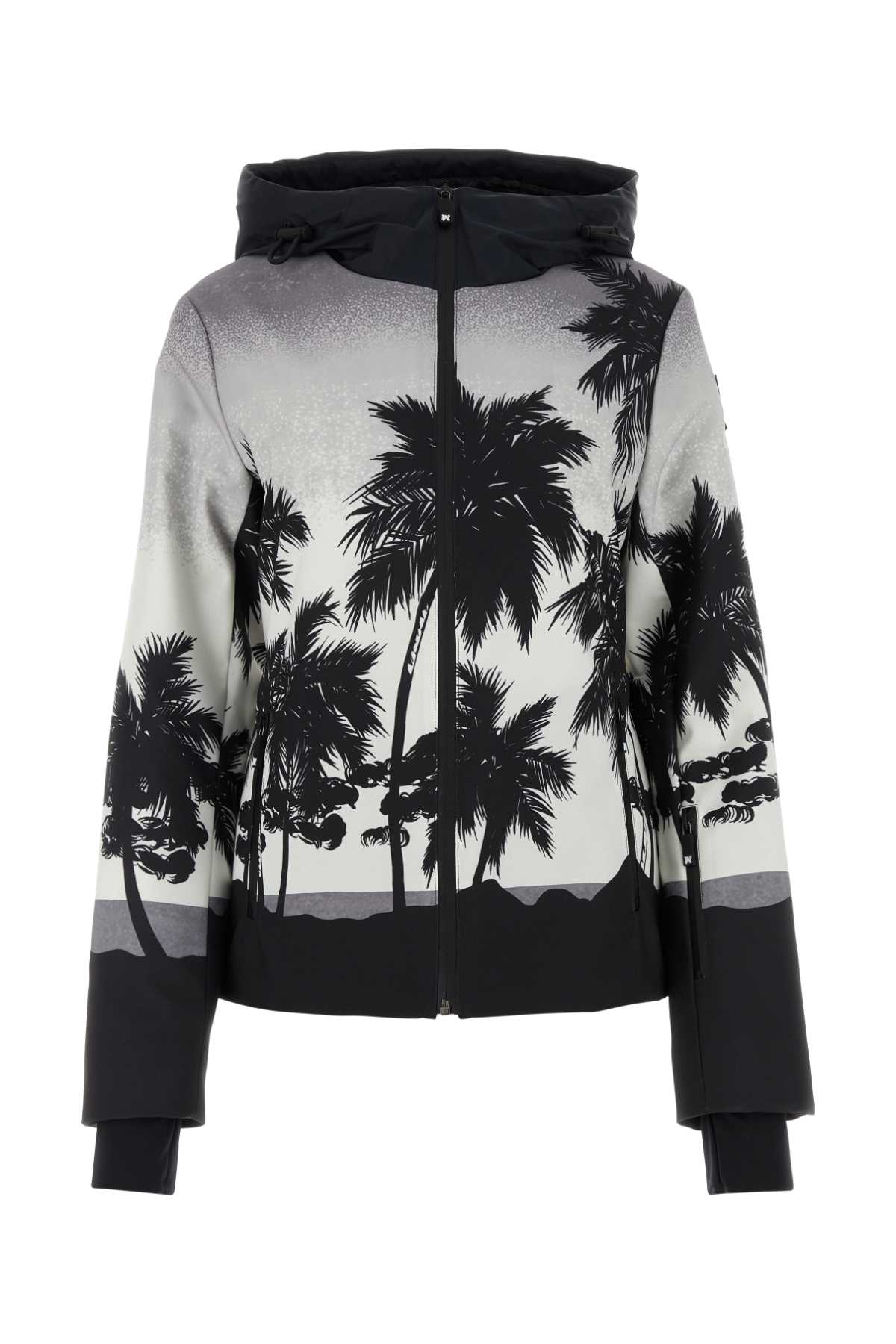 Printed Polyester Palm Ski Jacket Lightgreywhite Giubbini