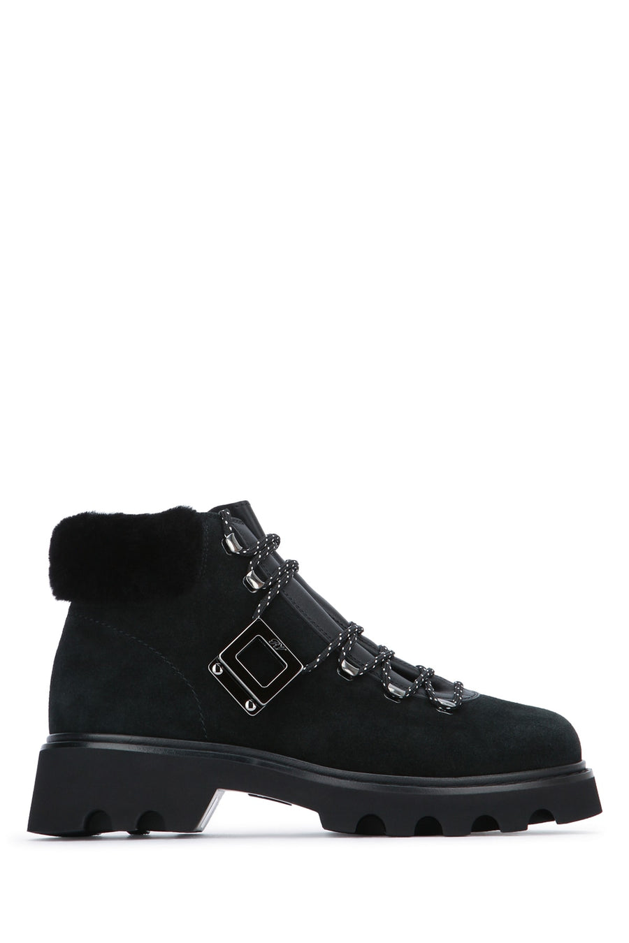Roger Vivier Suede upper with faux fur cuff; rubber lug sole boot in black