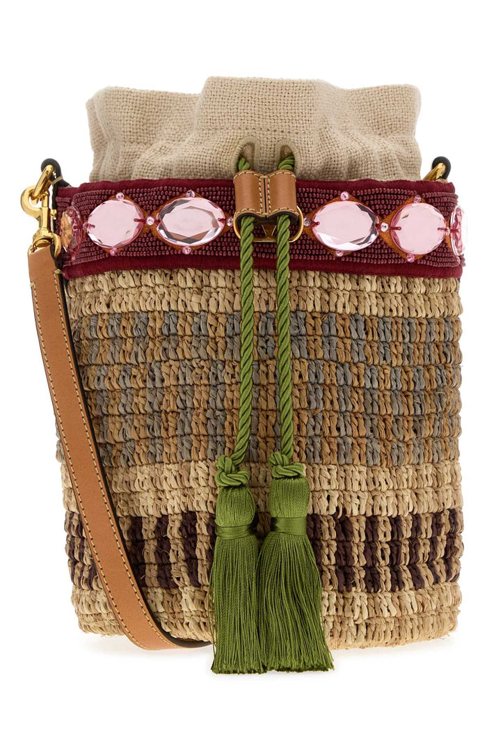 Embroidered Raffia Vlogo Signature Bucket Bag Multicbeigemulticbrrednatncamver Borse A Secchiello