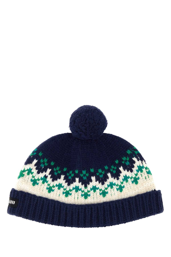 Embroidered Wool Beanie Hat Navy Exterior: Virgin Cuffie