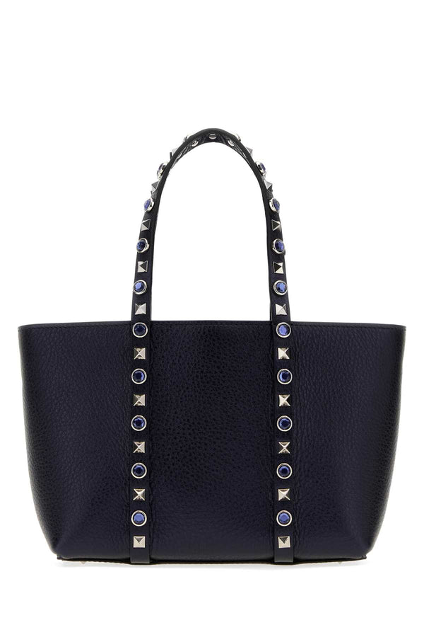 Valentino Garavani Exterior: 100% Leather; Finishing: Silver metal tote bag in navy