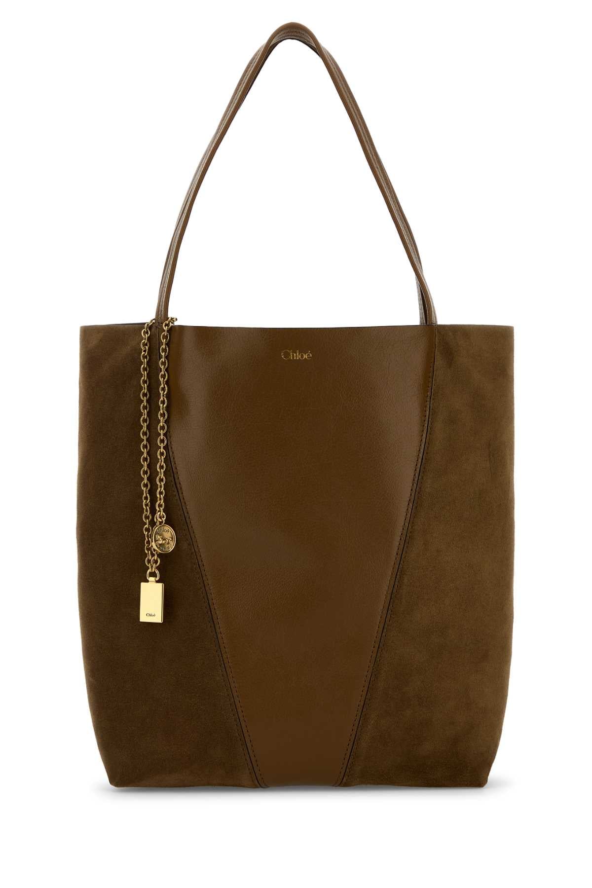 Brown Leather And Suede Chloã¨ Spin Shopping Bag Darkkhaki Borse A Mano