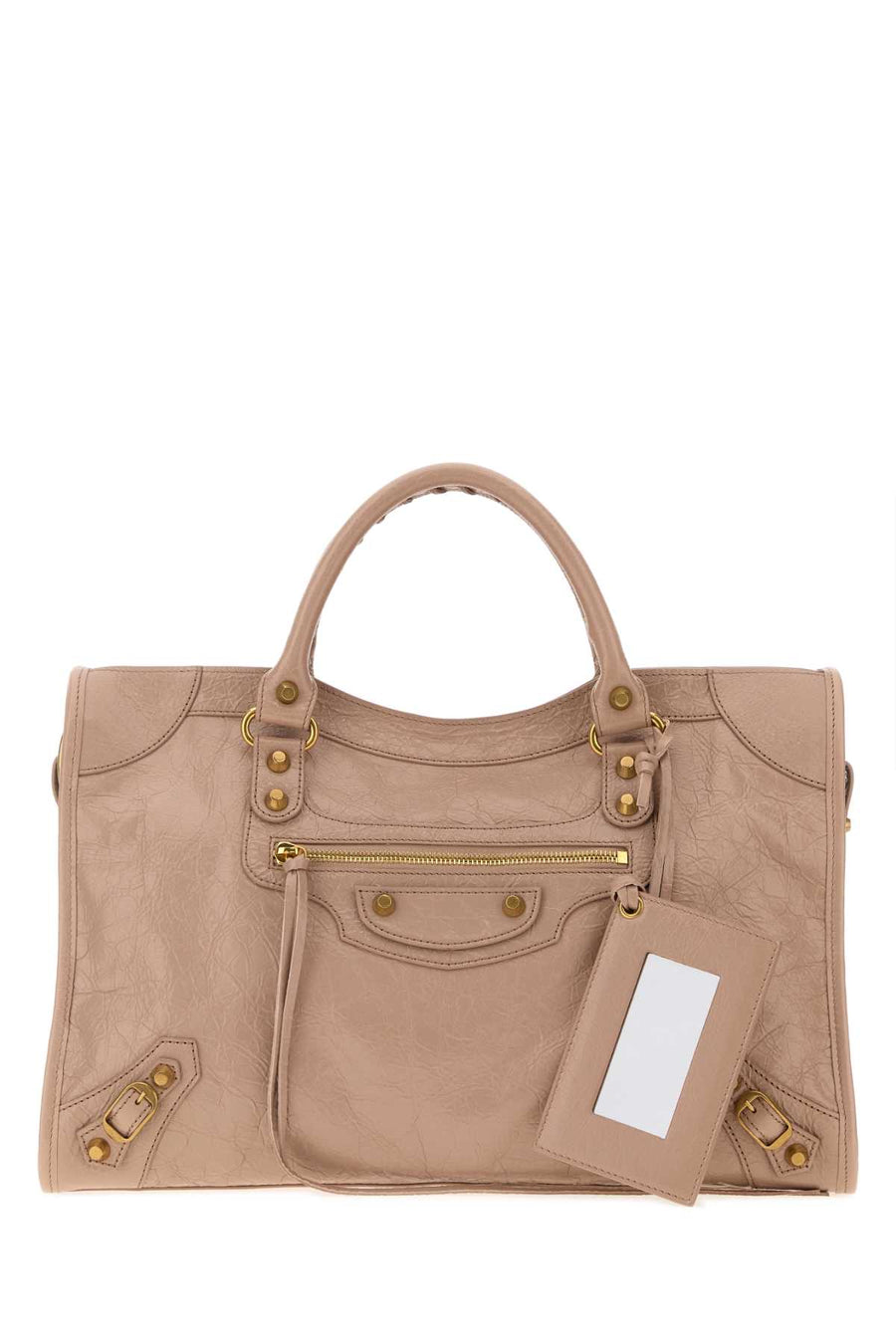 Balenciaga City Exterior: 100% Lamb Lining: 100% Cotton Finishing: Golden metal shoulder bag in beige
