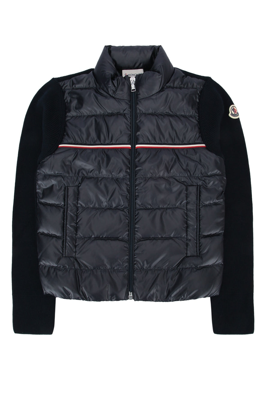 Moncler Jr Collar: 100% polyester; Outer front: 100% polyester; Base fabric: 100% cotton cardigan in navy