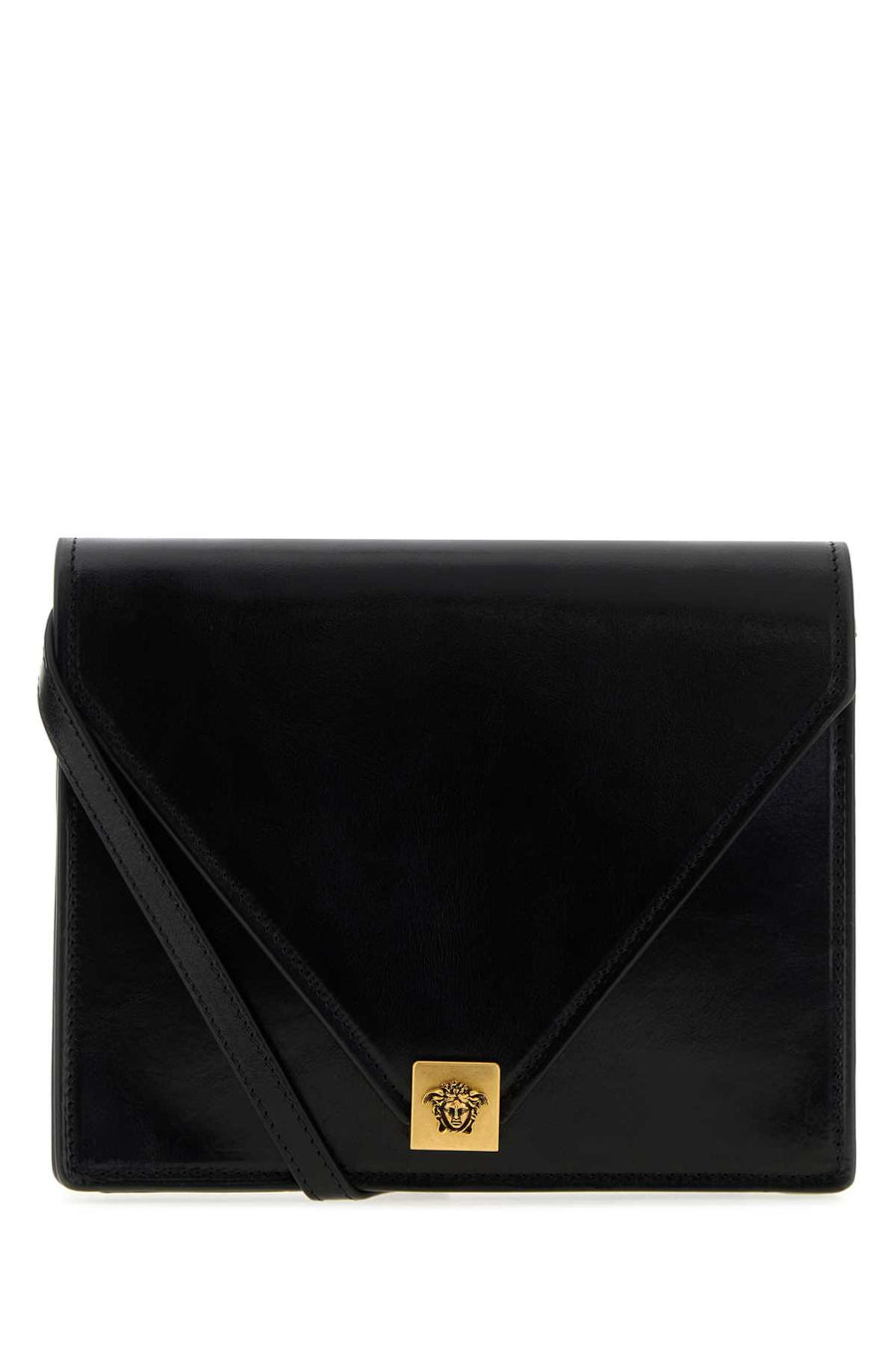 Versace Calf Exterior: 100% Calf Leather; Lining: 100% Leather; Finishing: Antiqued golden metal crossbody bag in black