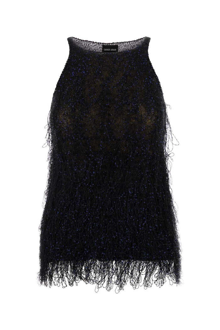 Embellished Nylon Bend Top Blu Maglie