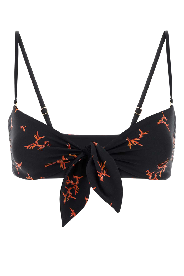Printed Stretch Nylon Bikini Top Black+marsala Costumi Da Bagno