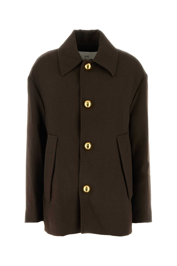 AMI Paris Belted Exterior: 100% Virgin wool; Lining: 50% Cotton 50% Polyester jacket in brown