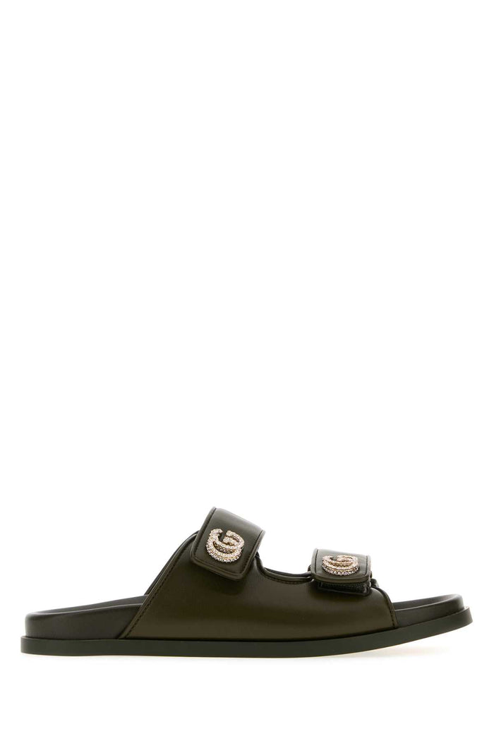 Olive Green Leather Slippers