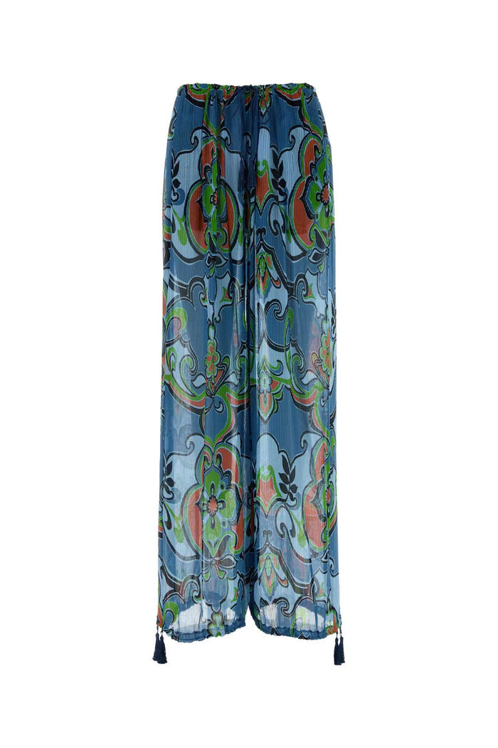 Printed Viscose Blend Wide-Leg Pant Stampafdoazzurro Exterior: Silk Pantaloni