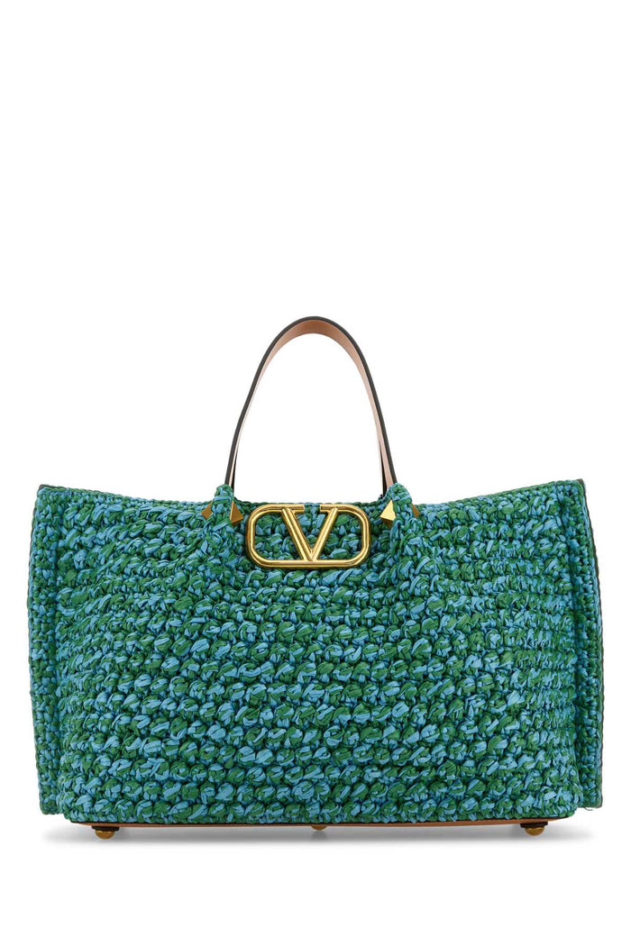 Two-Tone Raffia Medium Shopping Bag Verdeazzurronaturalcamelhblubgras Borse A Mano