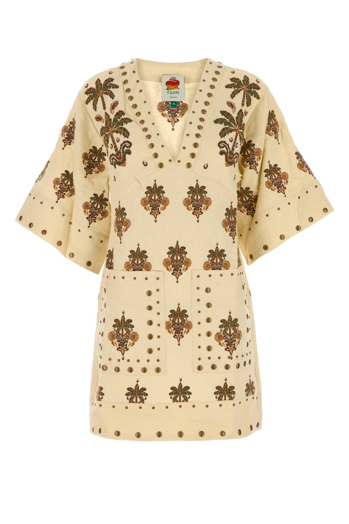 Embroidered Linen Tunic Dress Sand Exterior: Abiti