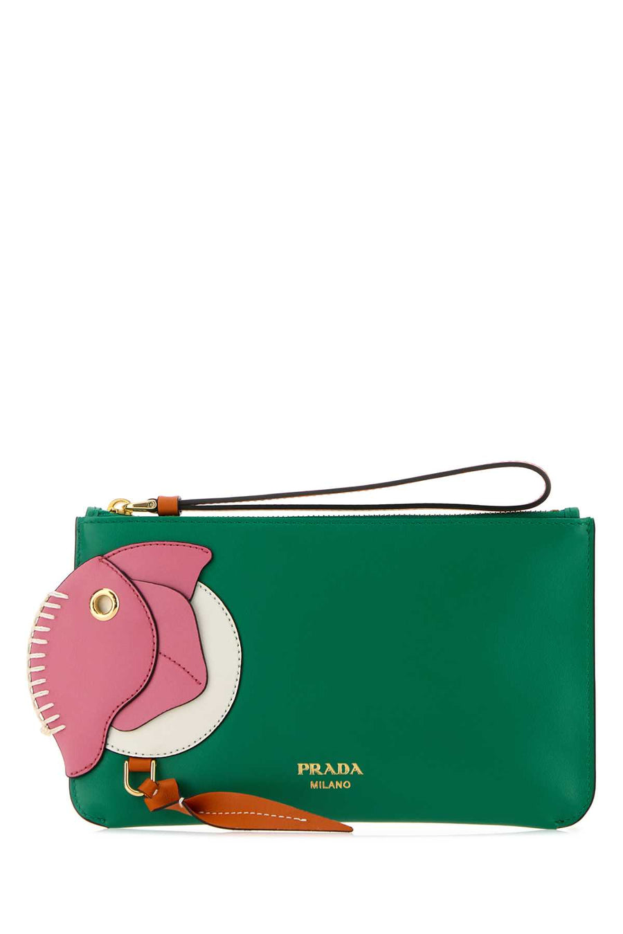Prada Lampo Exterior: 100% Calf; Lining: 100% Fabric; Finishing: Golden metal wallet in green