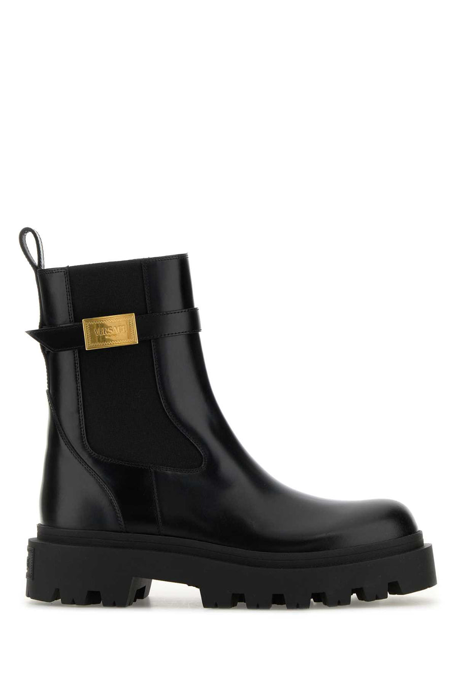 Versace Calf Exterior: 100% Calf; Interior: 100% Ovine leather; Sole: Rubber boot in black