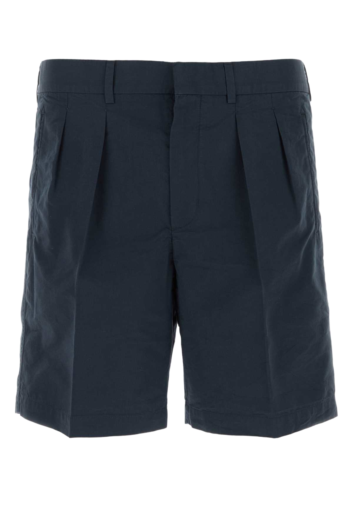 Navy Blue Cotton Blend Bermuda Shorts Exterior: Silk