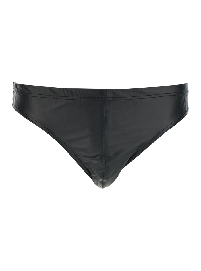Brief Faux Leather Black With Laminated Jersey Detail For Men Polyester Elastane Beachwear