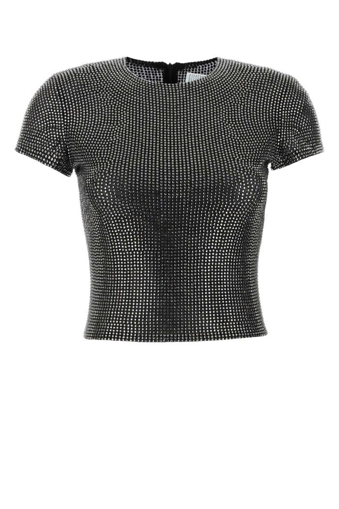 Embellished Stretch Mesh T-Shirt Black Exterior: Nylon Elastane