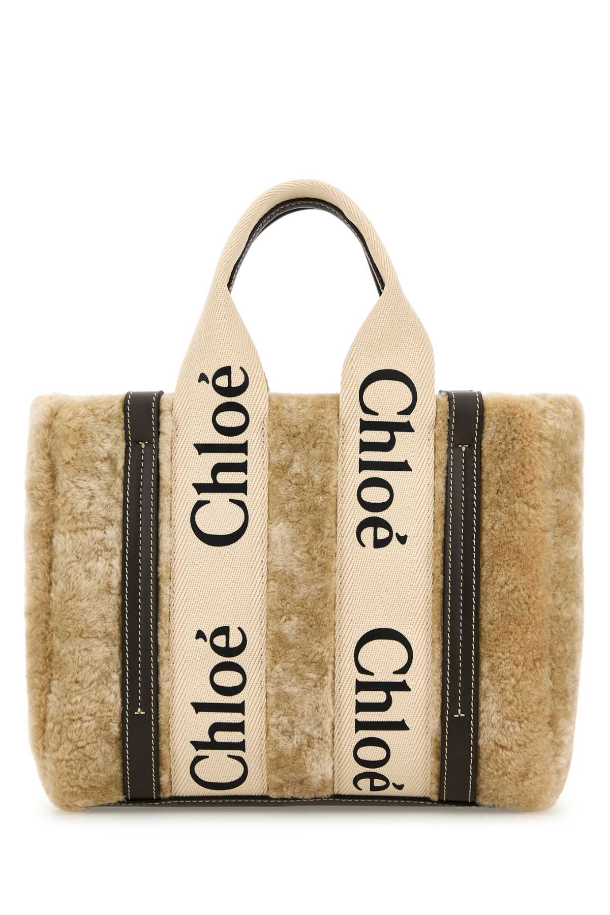 Beige Shearling Small Woody Shopping Bag Summerybeige Borse A Mano