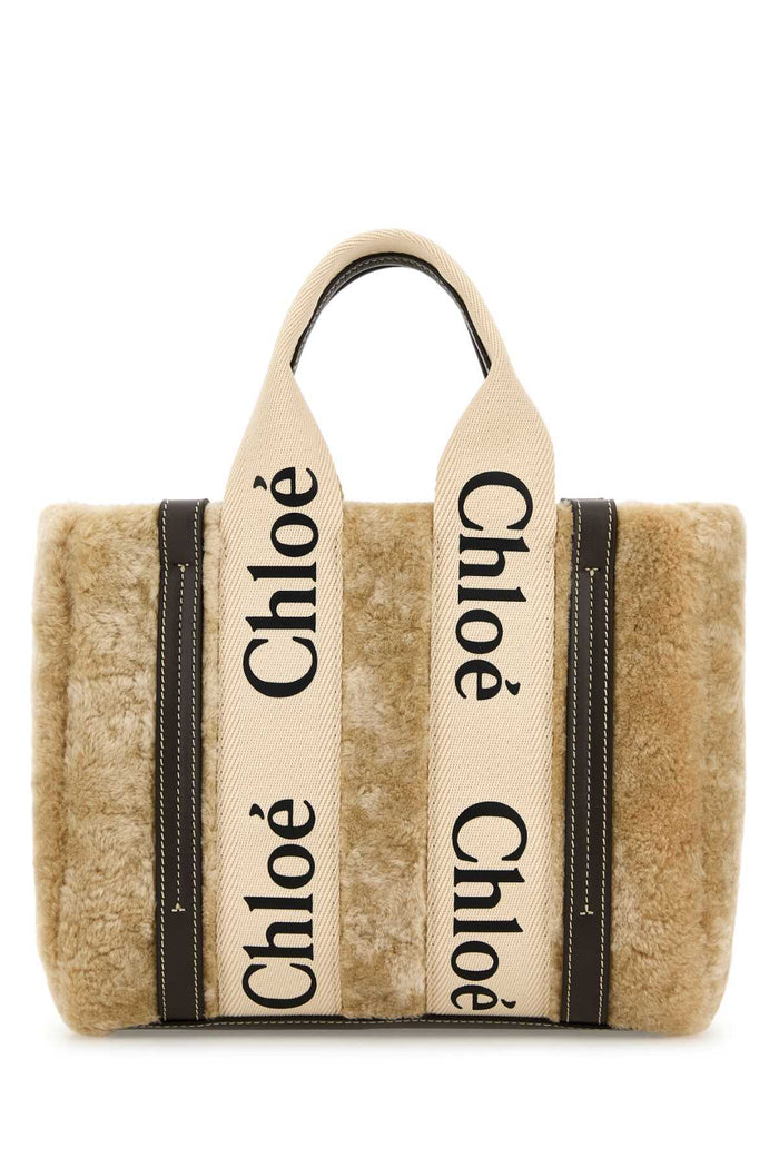 Beige Shearling Small Woody Shopping Bag Summerybeige Borse A Mano
