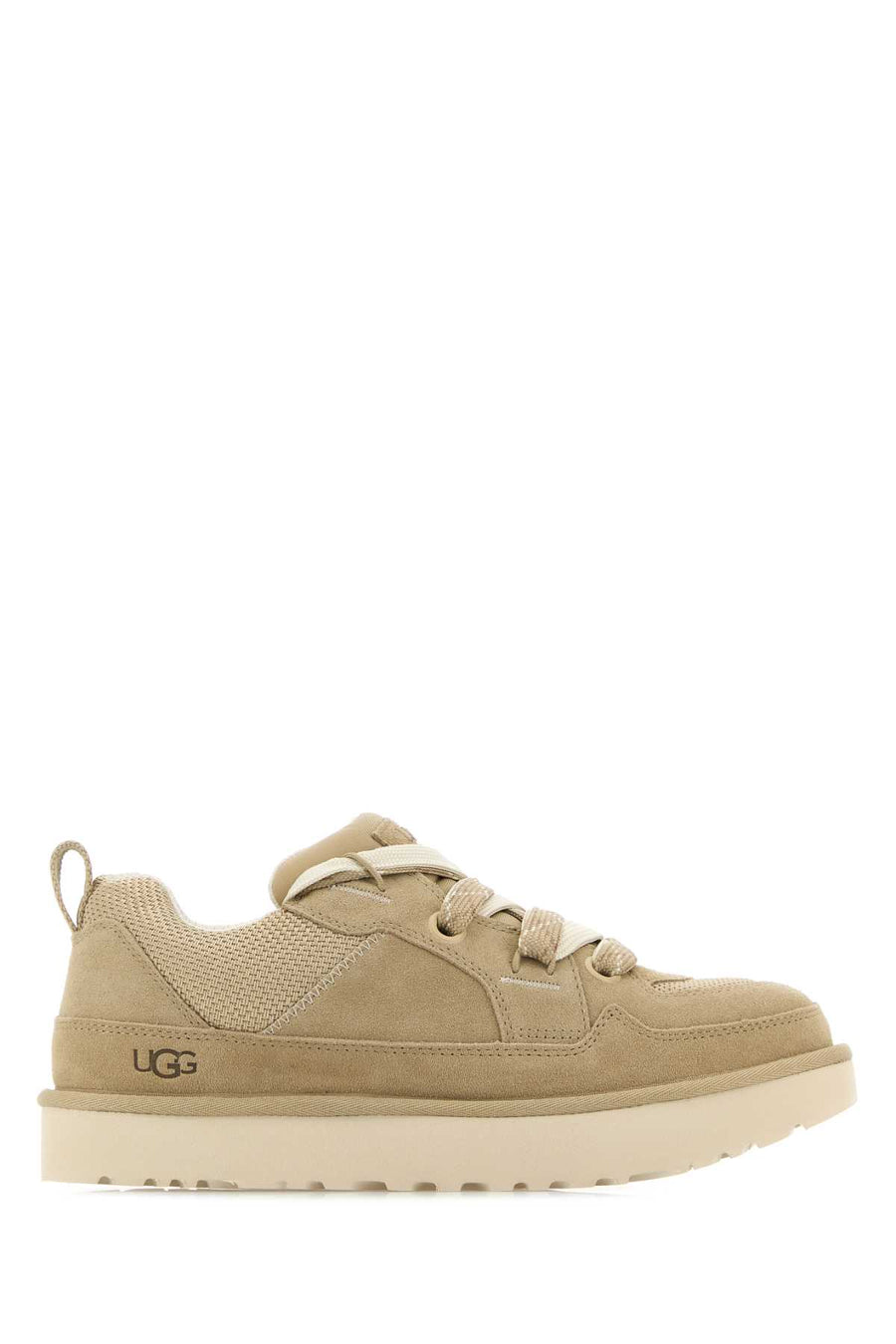 UGG Lowmel Exterior: 100% Suede; Interior: 100% Fabric; Sole: Rubber sneaker in beige