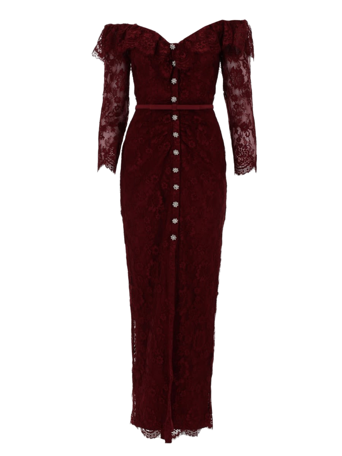 Lace Dress With Jewel Buttons Bordeaux Polyamide Viscose