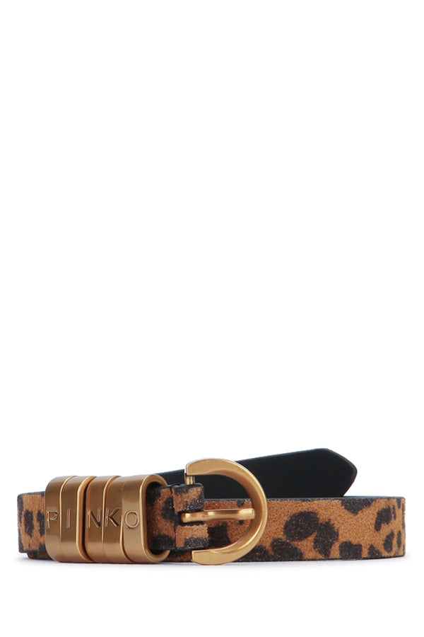 Pinko Belt Suede-like animal print leather with gold-tone hardware belt in brown