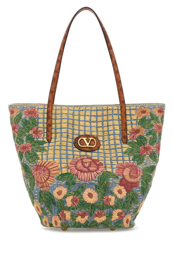 Embroidered Raffia Vlogo Signature Shopping Bag Naturalemulticolorterranaturalcamel Borse A Mano