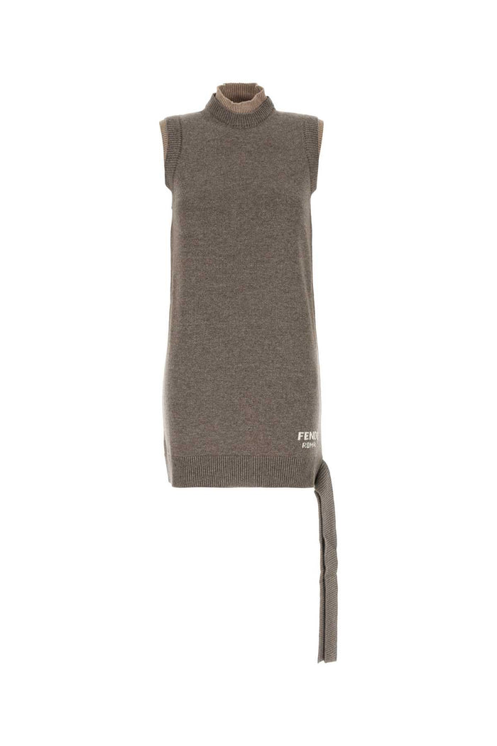 Brown Wool Blend Dress Taupe Exterior: Cashmere Silk Abiti