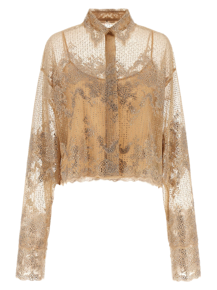 Embroidery Shirt Beige Polyester Shirt, Blouse