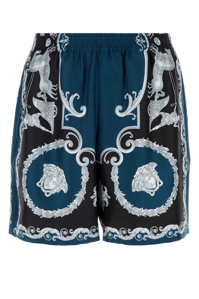 Printed Silk Bermuda Shorts Blackpetrolblue Exterior
