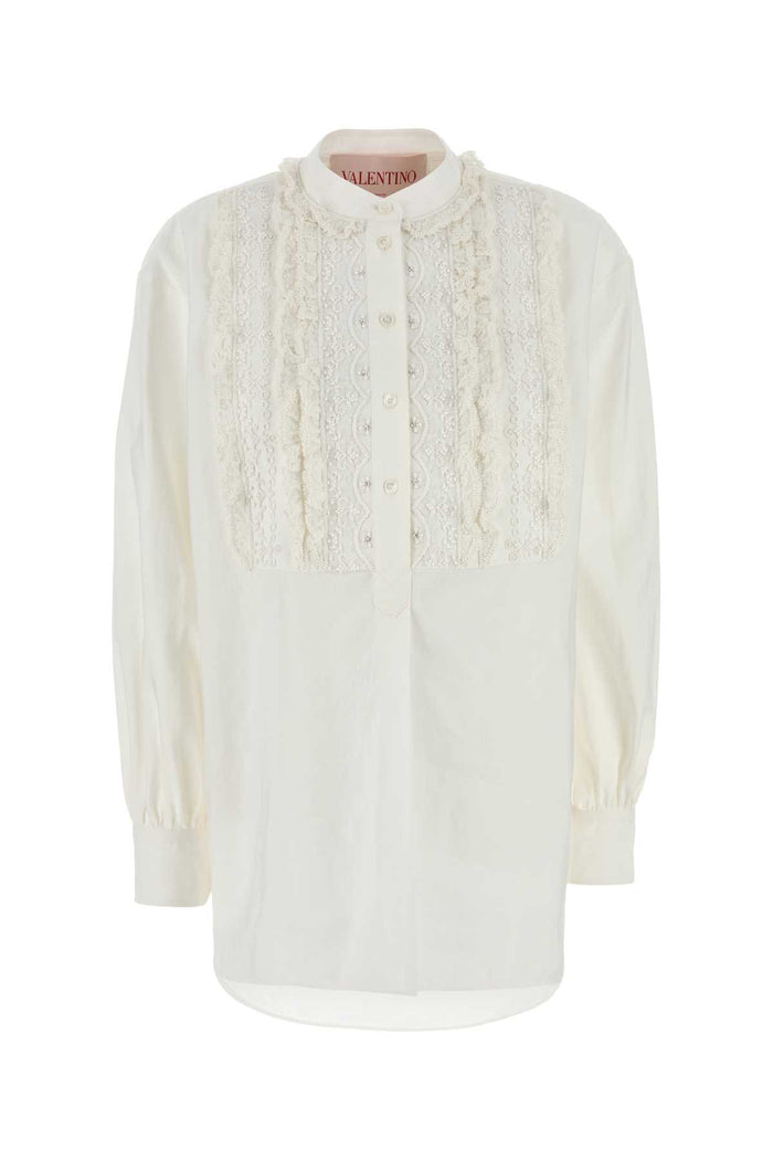 White Cotton Blend Blouse Bianco Exterior: Linen Silk Maglie