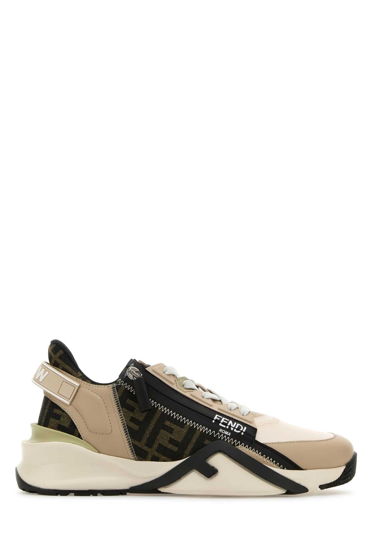 Multicolor Leather And Jacquard Fendi Flow Sneakers Bian.ice+tab.ne+beig
