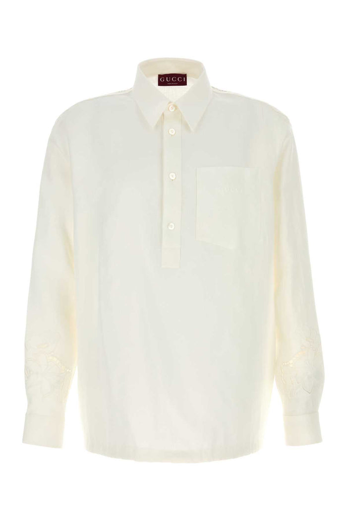 White Linen Polo Shirt Naturalwhite Exterior: Camicie