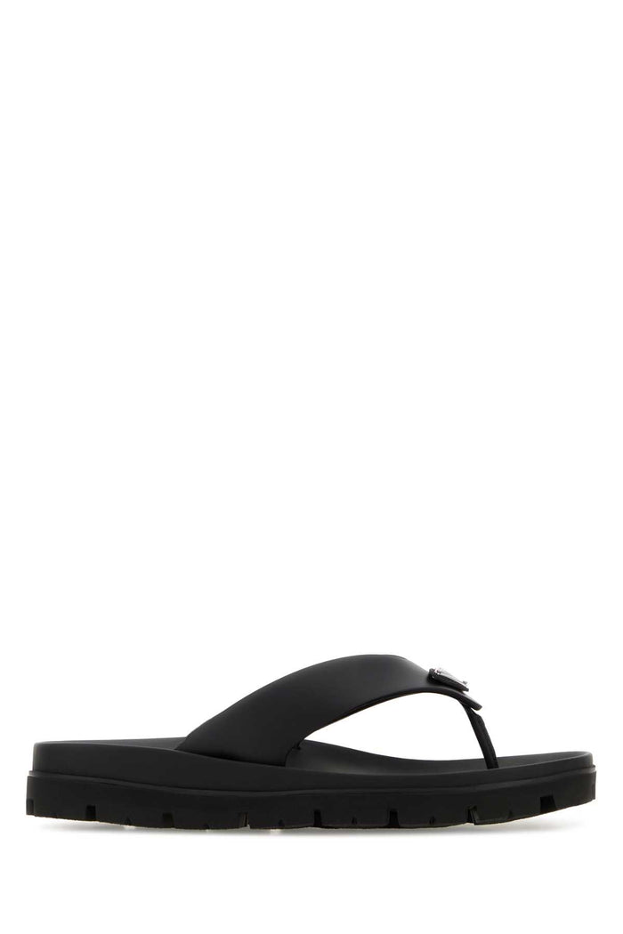 Black Leather Thong Slippers Nero