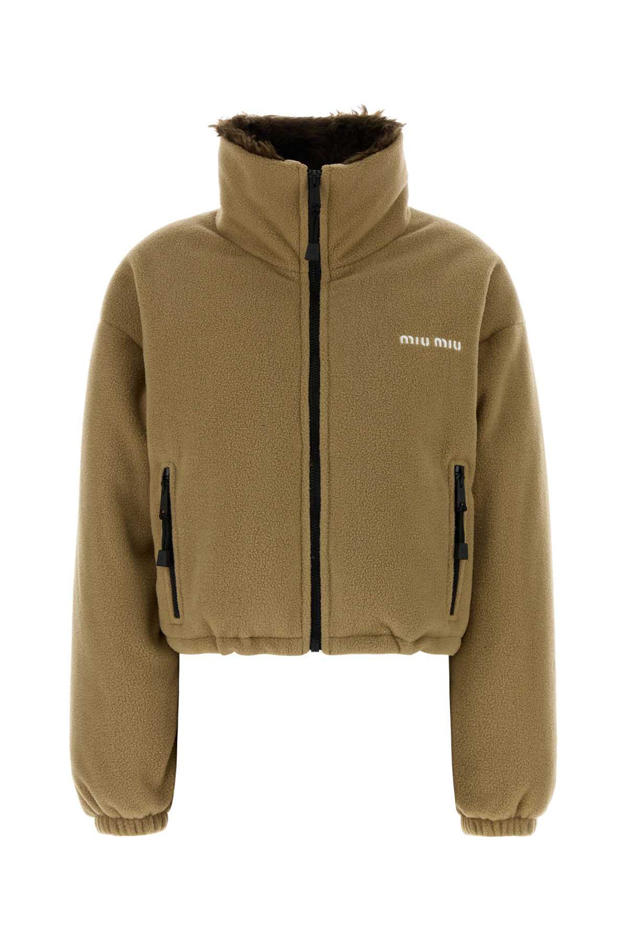 Miu Miu Exterior: 90% Recycled nylon 10% Virgin wool; Lining: 100% Recycled nylon; Padding: 90% Down 10% Feather down jacket in beige